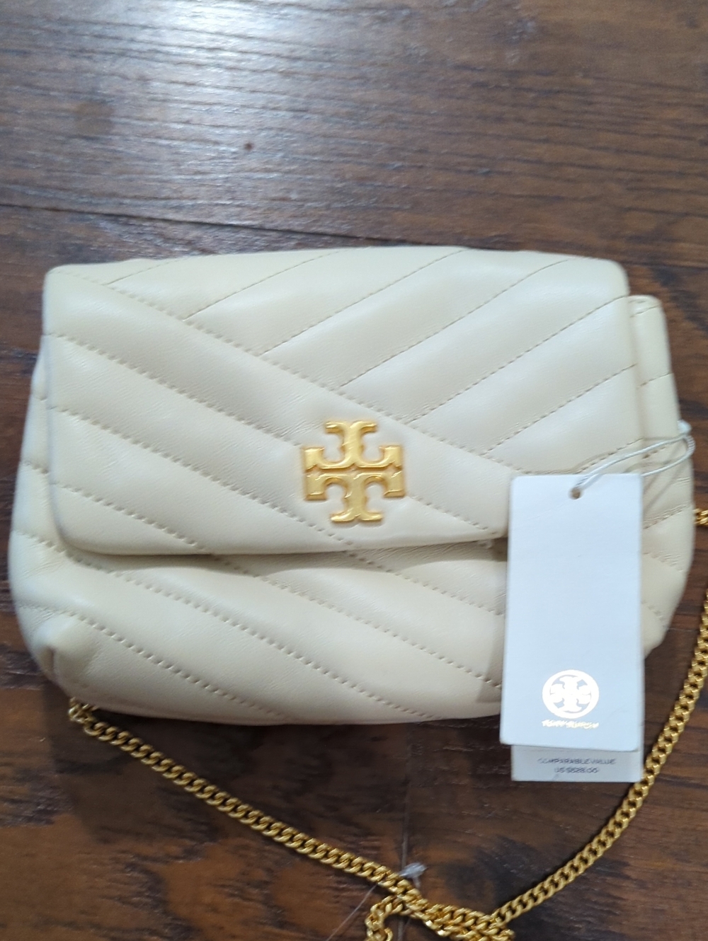 Tory Burch Cream Quilted Leather Crossbody with Gold Logo Chain